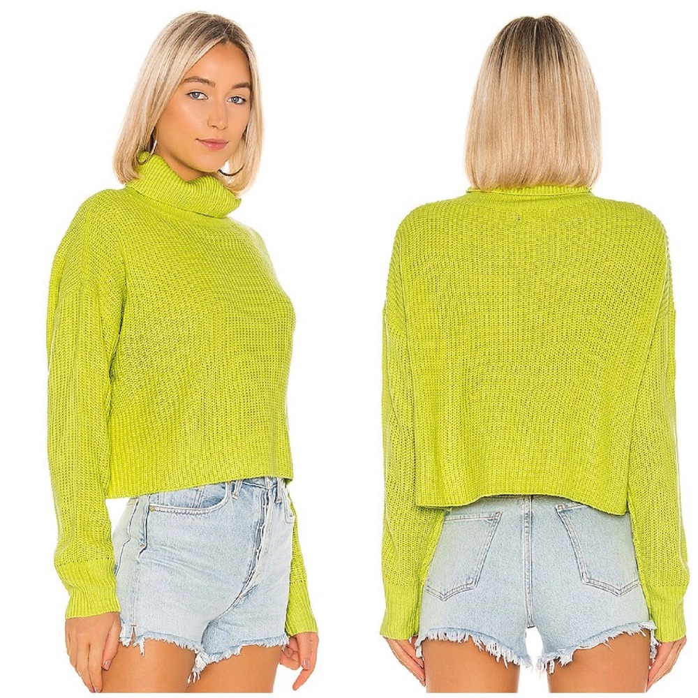Revolve Superdown Lacy Neon Lime Green Turtleneck Cropped Knit Sweater Small